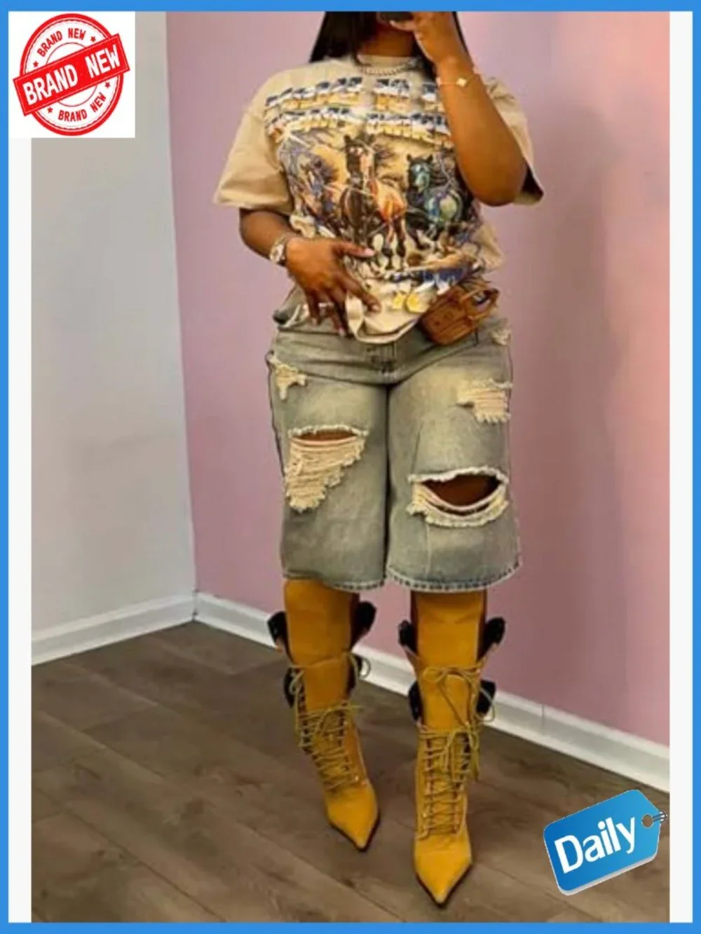 Baggy High Waisted Distressed Ripped Wide Leg Bermuda Jean Shorts Women Y2k